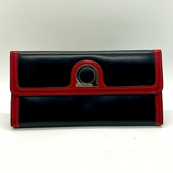 Salvatore Ferragamo Authentic Vintage Red/Black Leather Trifold Wallet Purse - Picture 1 of 6